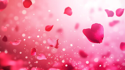 Obraz premium Rose petals falling in dreamy pink background, creating romantic atmosphere