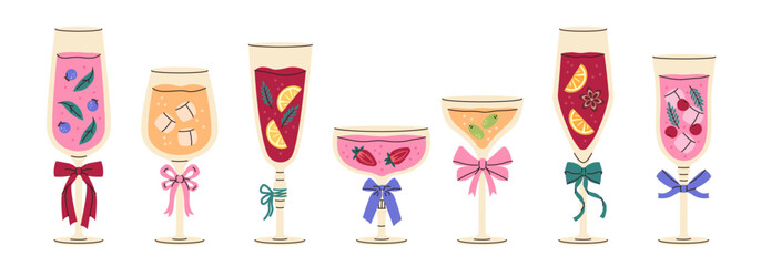 Holiday cocktails set. Alcohol drink collection. Party beverage. Glass with bow. Champagne.