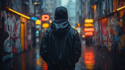 Obraz premium Person in a hoodie walking through a rainy alley