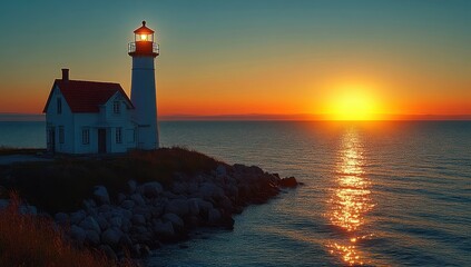 Fototapeta premium Lighthouse at Sunset, a Beacon of Hope