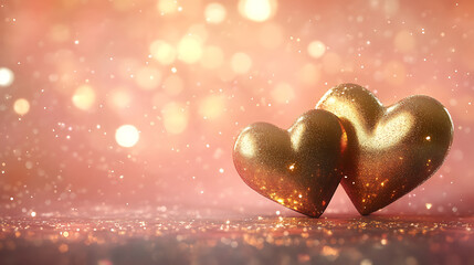 Fototapeta premium Golden hearts with sparkling glitter create romantic atmosphere