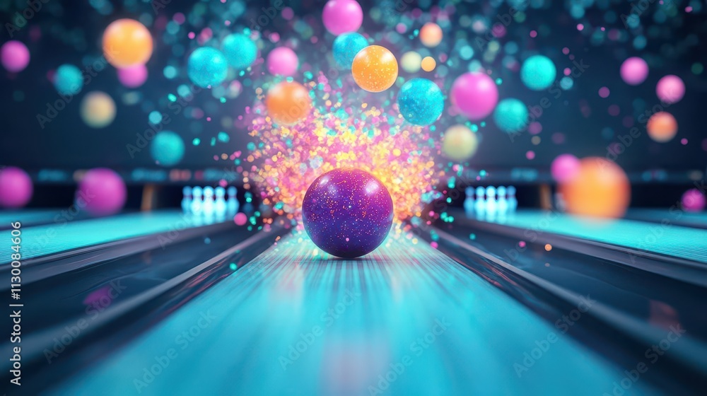 Poster vibrant neon bowling balls exploding into radiant particles midroll on a glowing lane top view digit