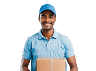 A courier  holds a box in his hands isolated on transparent background. Parcel delivery concept.