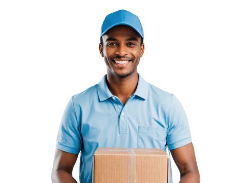 A courier  holds a box in his hands isolated on transparent background. Parcel delivery concept.