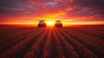 Fototapeta premium Tractors working in a golden wheat field at sunset