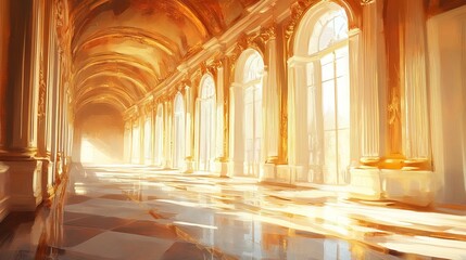Obraz premium A Baroque palace hall, luxurious interior design, oil painting style, warm golden highlights