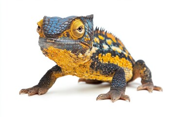 Obraz premium Yellow blue lizard Panther chameleon isolated on white background