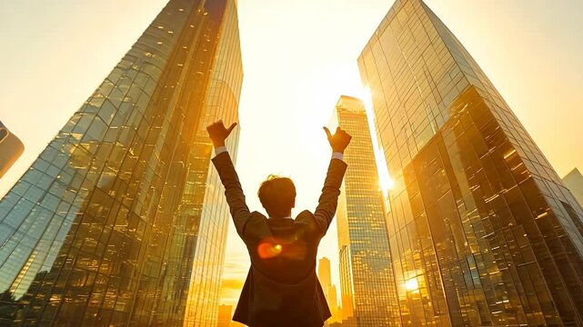 Businessman raising arms in victory amidst modern skyscrapers, illuminated by golden sunrise, symbolizing success and achievement.