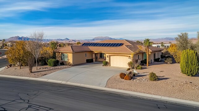 Modern Home With Solar Panels Nestled in Serene Las Vegas Neighborhood and Beautiful Landscaping. Generative AI
