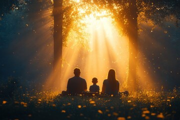 Cheerful Asian Family Picnic in the Park with Dog and Children Relaxing in Nature