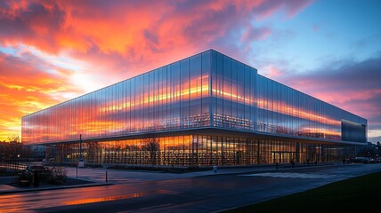 Obraz premium Modern building reflecting a colorful sunset sky