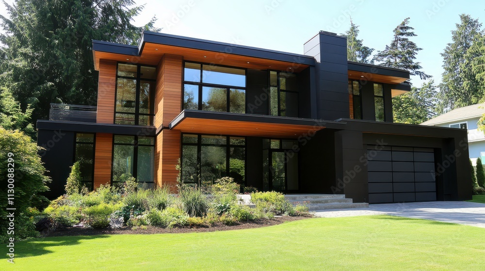Poster luxurious modern cubic house features wooden cladding and sleek design with landscaped front yard. g