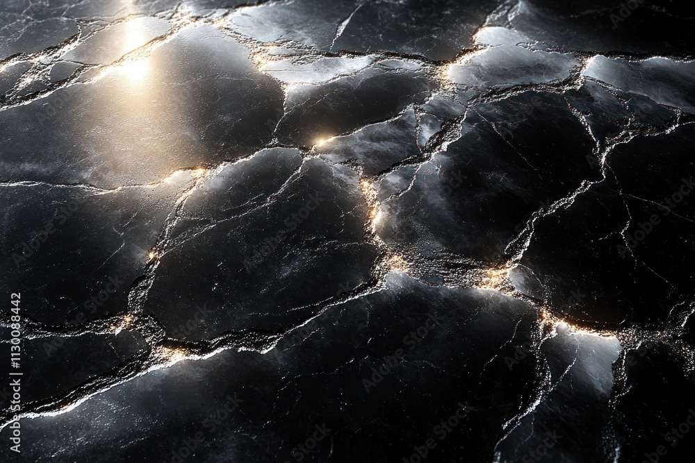 Poster polished black marble table countertop with white veining in dramatic soft lighting for product disp