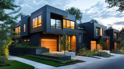 Fototapeta premium Modern Modular Homes Showcase Luxury Row House Design in Urban Setting at Dusk. Generative AI