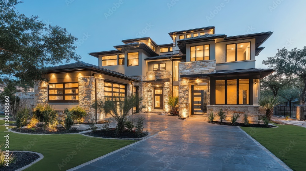 Poster elegant modular home showcasing modern architecture and landscaping at dusk. generative ai