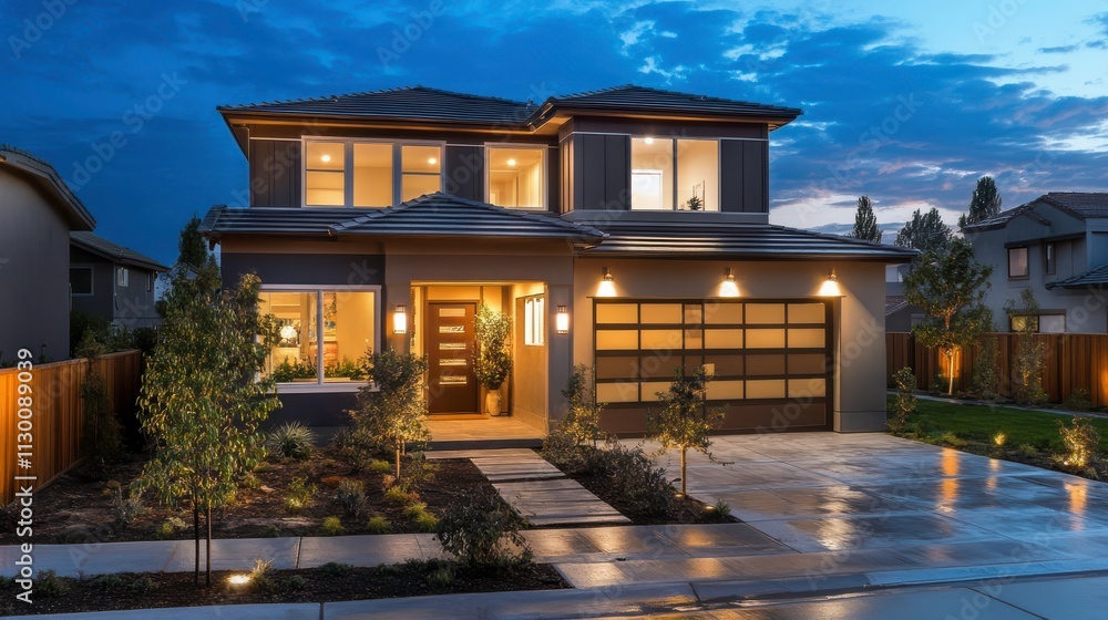 Poster modern modular home showcases sleek architecture and inviting exterior at dusk. generative ai