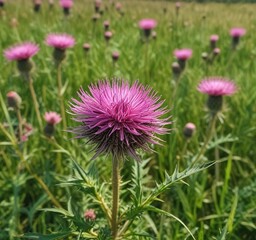 Wild pink thistle flower blooming in grassy field, meadowy, grassland, pinkest