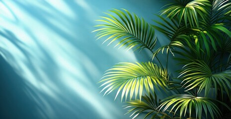 Obraz premium Palm Leaves Soft Shadows on Pale Blue Background Minimalist Design Tranquil Light