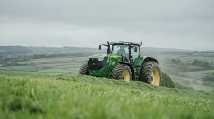 Fototapeta premium Tractor harvesting crops on a misty farm rural landscape agricultural machinery green fields wide view sustainable farming practices