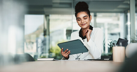 Business woman, tablet and office for networking, connection and research in financial agency....