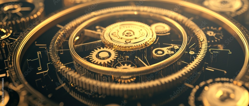 Poster intricate golden gears mechanism digital realm 3d image high-tech environment close-up view time and