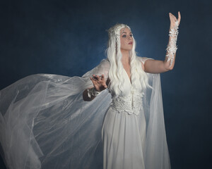 close up portrait of beautiful blonde female model wearing  white fantasy snow fairy gown,  magical...