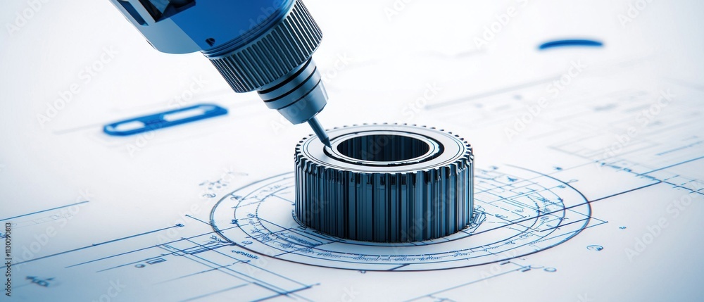 Poster precision engineering action gear component design in industrial environment technical drawing persp