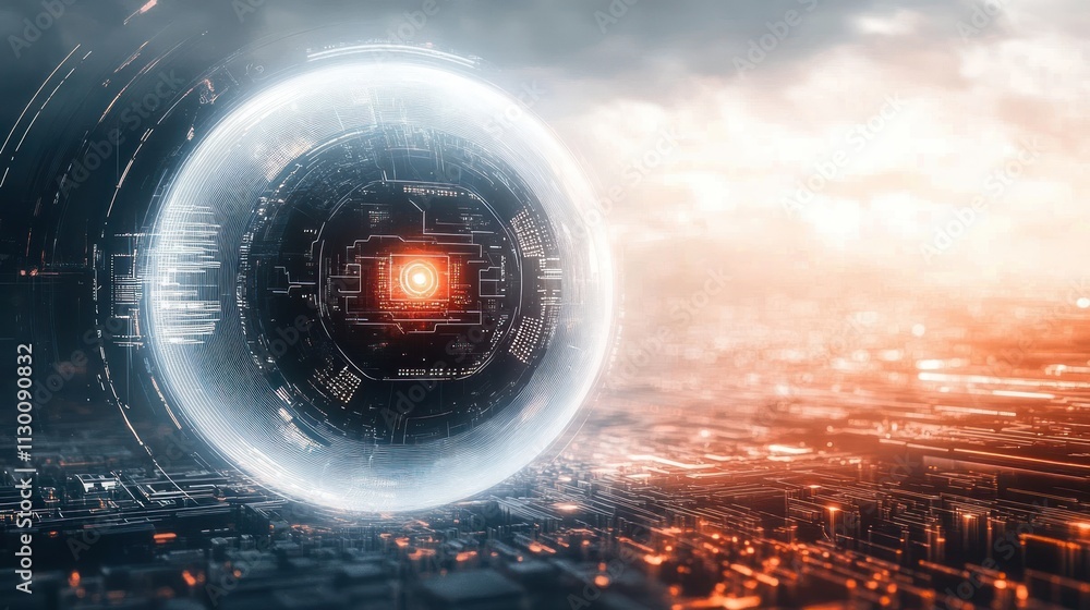 Poster futuristic digital art glowing sphere interface cyberpunk technology background with circuits and am