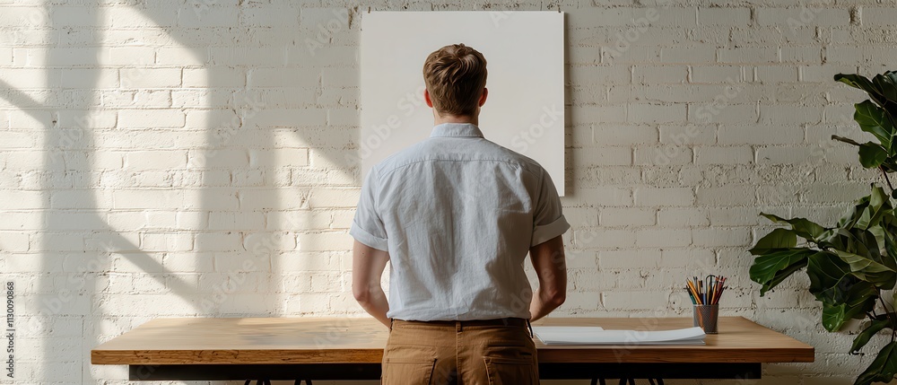 Poster a person stands in front of a blank canvas in a well-lit, minimalistic space, contemplating their ne