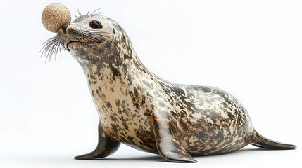 Obraz premium Playful Harbor Seal Pup: A charming seal pup balances a ball on its nose, capturing the playful spirit of these delightful marine creatures. 