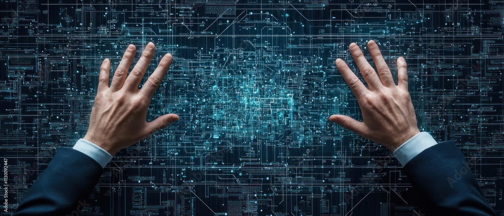 Poster digital innovation showcase hands engaging with data virtual space high-tech environment futuristic 