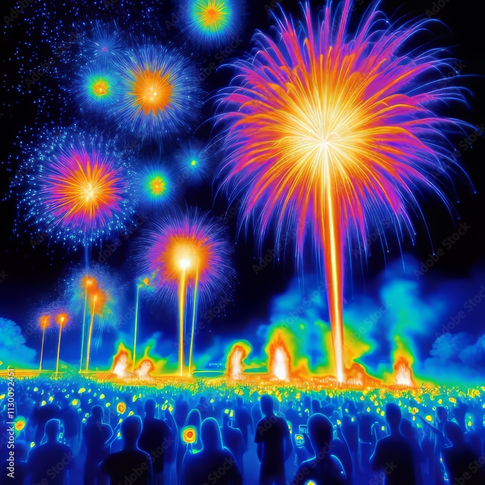 Poster thermal imaging fireworks heat map style image of fireworks and