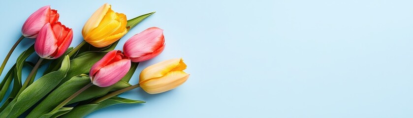 Fototapeta premium Vibrant Tulips on Blue Background for Spring and Floral Concepts