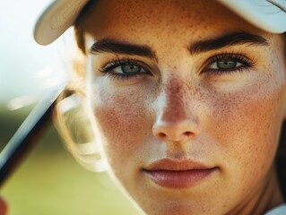 Closeup Portrait Freckled Golfer Woman SunKissed Face Outdoors