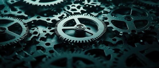 Intricate mechanical gears in motion industrial workshop close-up photography dark environment artistic perspective conceptual design