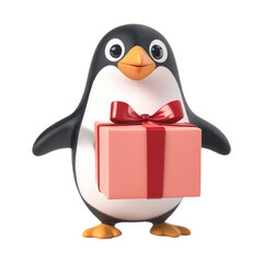 Fototapeta premium Cheerful penguin delivering gift playful scene toy photography studio setting fun concept
