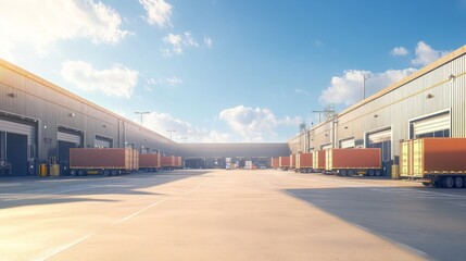 Obraz premium A logistics warehouse surrounded by large cargo trucks, forklifts, and a service area, all beneath a crisp, clear sky