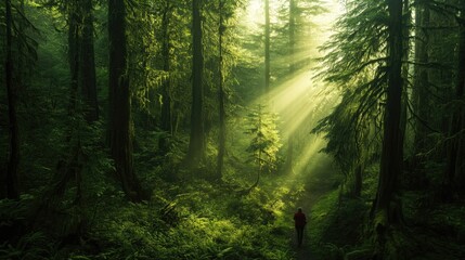 Obraz premium A serene forest scene with sunlight filtering through tall trees, creating a tranquil atmosphere.