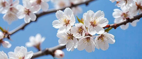 Obraz premium Beautiful white cherry blossoms in full bloom, delicate and fresh flowers on the branches of trees against a clear sky background