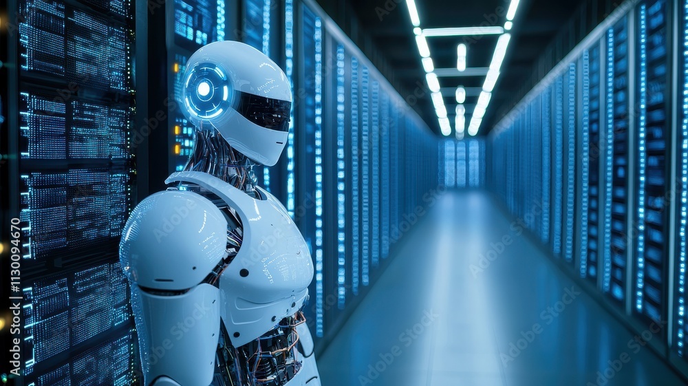 Poster futuristic robot interaction in data center technology showcase modern environment digital perspecti