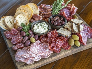 A beautifully arranged charcuterie board featuring meats, cheeses, olives, and bread.