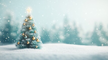 Obraz premium A beautifully decorated Christmas tree with golden ornaments stands in a serene snowy landscape surrounded by falling snow.
