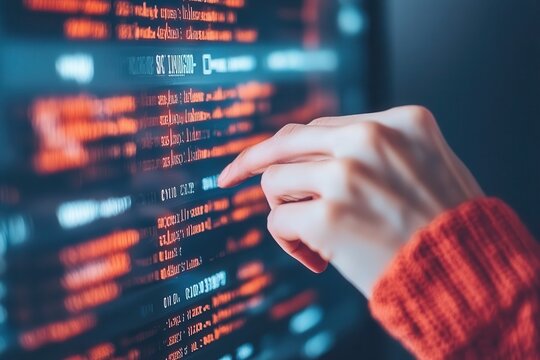 Coding action user interacting with programming interface digital workspace close-up view technology concept