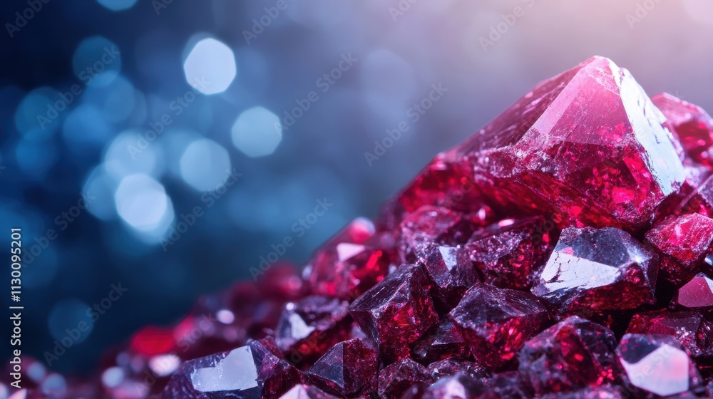 Poster bright red gemstones cluster to form a captivating display, sparkling elegantly under soft lighting 