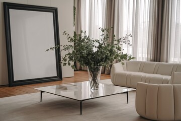 Fototapeta premium Frame mockup, Living room wall poster mockup. Interior mockup with house background. Modern interior design