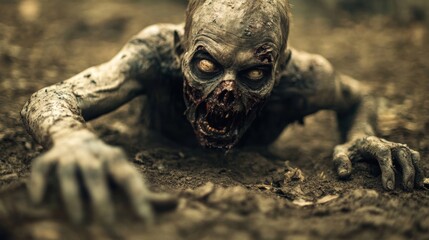 A terrifying zombie is crawling out of the ground in a dark and eerie forest, its eyes glowing amidst the shadows at midnight