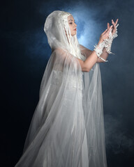 close up portrait of beautiful blonde female model wearing  white fantasy snow fairy gown,  magical...
