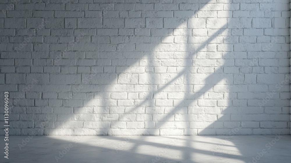 Poster sunlight streams through the window, illuminating an empty room with white brick walls, highlighting