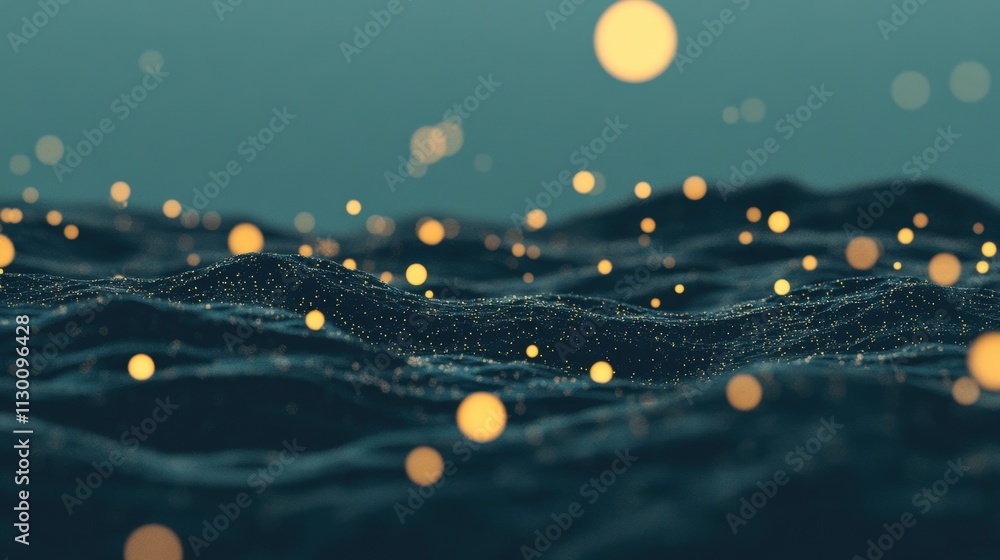 Poster abstract depiction of dark ocean waves dotted with glowing golden particles, creating a serene and d