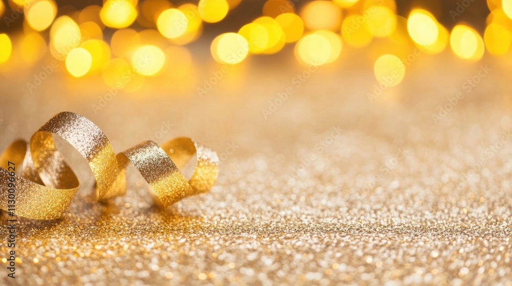 Poster delicate golden ribbon curls lie scattered on a sparkling surface, surrounded by soft bokeh lights c
